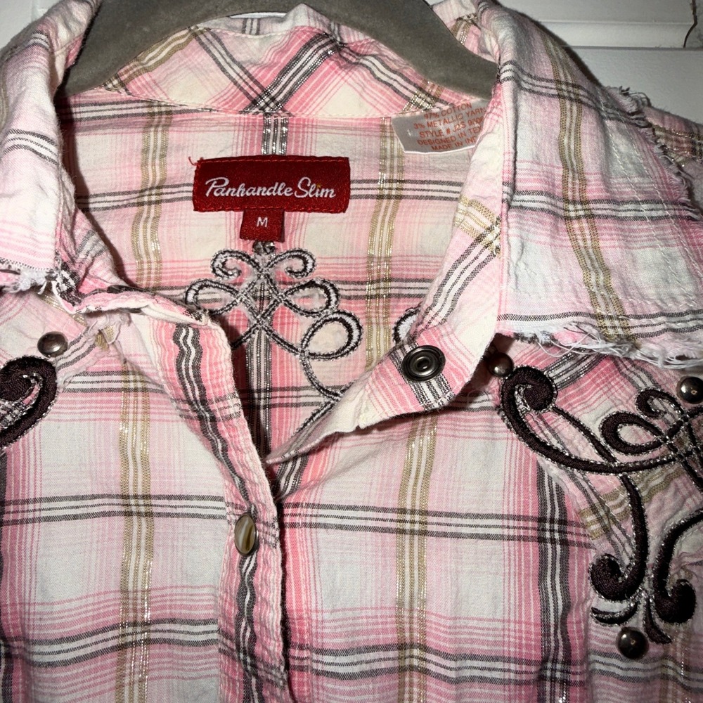 Panhandle Slim Western Plaid Studded Embroidered Snap Shirt Women's Medium - Picture 6 of 13
